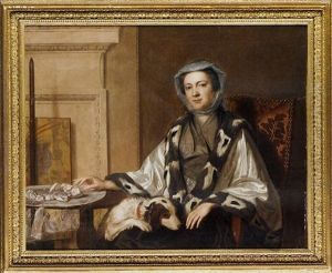 Portrait Of Mrs. Neate, Of Donnington, Hampshire, In An Embroidered Silver Shawl Trimmed With Fur, Seated By A Table With A Spaniel On Her Lap, In An Interior, Beside A Polescreen
