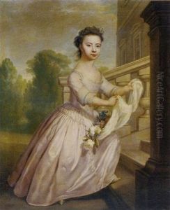 Portrait Of Anne Woolfe In A Pink Dress, Her Apron Filled With Flowers, On The Steps Of A Palladian Country House, An Avenue Of Trees Beyond Portrait Of Anne Woolfe In A Pink Dress, Her Apron Filled With Flowers, On The Steps Of A Palladian Country House, An Avenue Of Trees Beyond