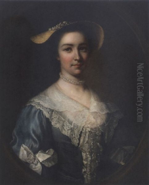Portrait Of A Lady In A Blue Dress Wearing Pearls And A Straw Hat - view 1