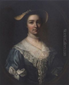 Portrait Of A Lady In A Blue Dress Wearing Pearls And A Straw Hat