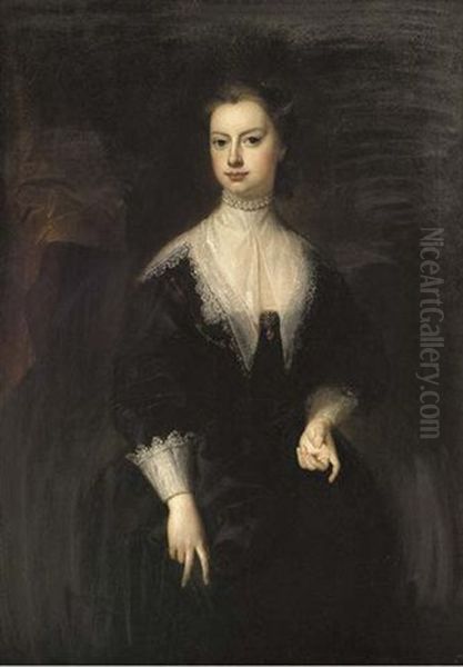 Portrait Of A Lady In Van Dyck Masquerade Dress, Beside A Red Curtain - view 1