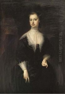 Portrait Of A Lady In Van Dyck Masquerade Dress, Beside A Red Curtain