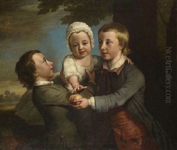 Group Portrait Of Three Children In A Wooded Landscape, The Eldest Holding A Peach - view 1