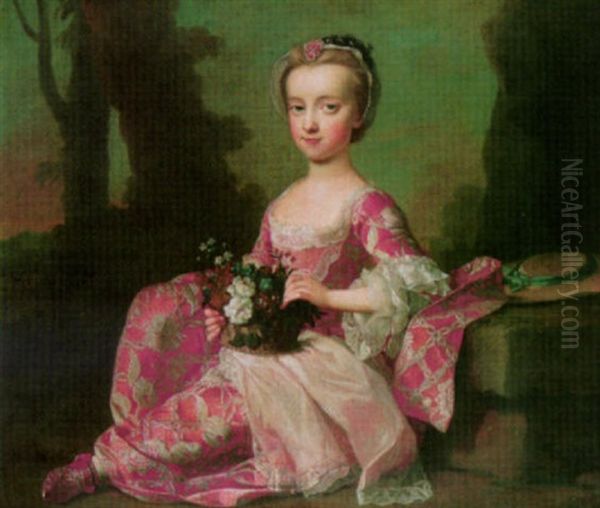 Portrait Of A Child Seated In A Landscape, Wearing An Embroidered Dress, Holding A Basket Of Flowers - view 1