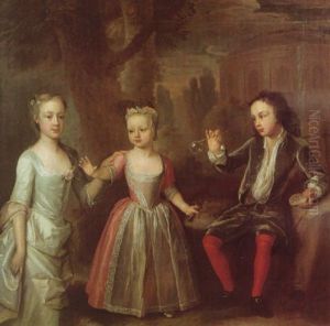 Portrait Of A Boy Wearing A Green Coat And Breeches With Red Hose, Blowing Bubbles With His Two Sisters Dressed In Green