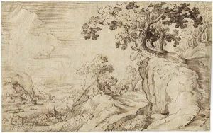 Gebirgige Landschaft Mit Einem Flus by Ercole Bazzicaluva