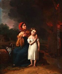 Mother And Child Near A Burning House by Petrus Renier Hubertus Knarren