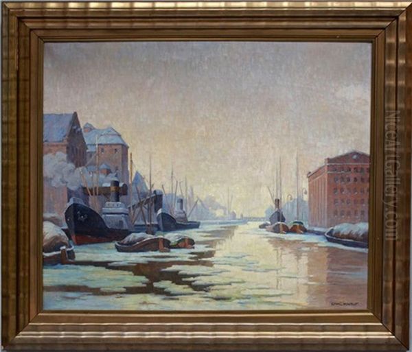 Winterlicher Kanallauf Mit Eisschollen Im Hafen - view 1