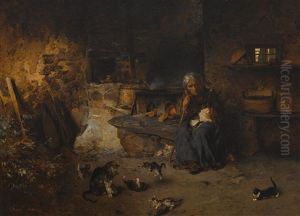 Alte Bauerin Mit Spielenden Katzchen by Ludwig Knaus
