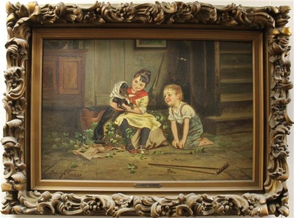 Boy & Girl With Dachshund - view 1