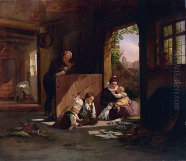 Interior Genre Scene Showing Children Playing With Kittens And Mice - view 1