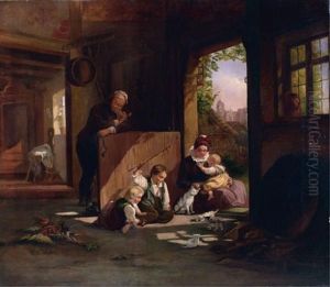 Interior Genre Scene Showing Children Playing With Kittens And Mice