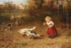 Kleines Madchen Futtert Mit Einem Stuck Brot Die Aufdringlichen Ganse by Ludwig Knaus