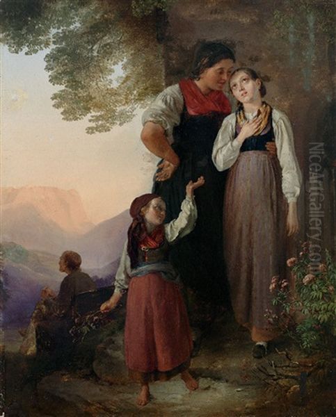 Vor Altem Gemauer Familienszene Mit Mutter Und Zwei Kindern In Tracht - view 1