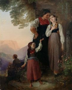 Vor Altem Gemauer Familienszene Mit Mutter Und Zwei Kindern In Tracht by Ludwig Knaus