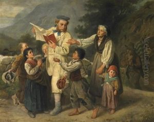 Der Conaisseur Auf Reisen. Eleganter Herr Auf Gebirgspfad, Von Einheimischen Kindern Und Greisin Umgeben by Ludwig Knaus