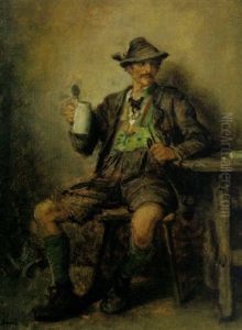Sitzender Bauer In Tracht Mit Bierkrug Und Pfeife by Ludwig Knaus