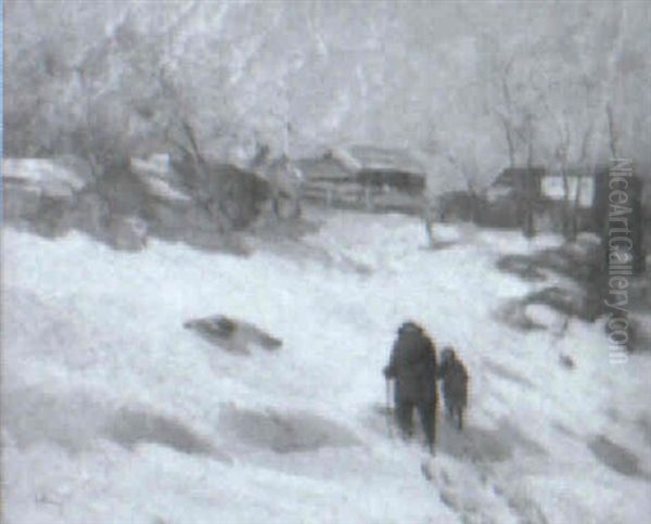 Old Man And Child Walking In Snow - view 1