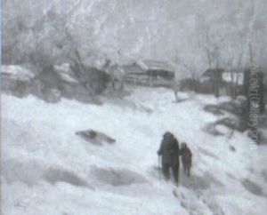 Old Man And Child Walking In Snow by Ludwig Knaus