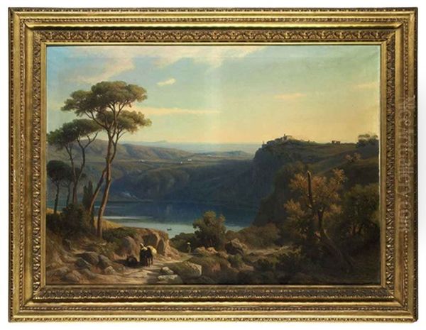 Wooded Landscape With Lake Albano, With Rural Figures And A Settlement Beyond - view 1