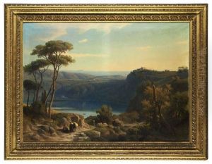 Wooded Landscape With Lake Albano, With Rural Figures And A Settlement Beyond