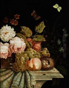 Stillleben Mit Blumen, Fruchten Sowie Vogelnest Und Insekten by Gebhard Kneip