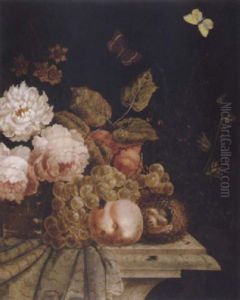 Stilleben Mit Blumen, Fruchten Und Einem Vogelnest by Georg Kneipp