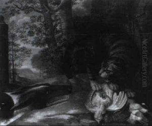 Ein Hund Und Eine Katze Streiten Um Erlegte Rebh_hner by Georg Kneipp
