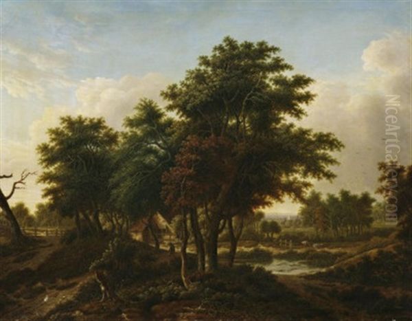 Romantische Waldlandschaft Mit Gehoft Und Wanderern - view 1