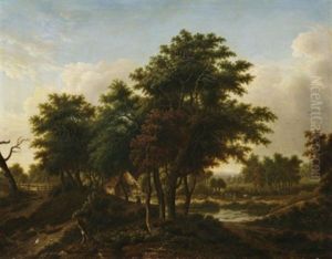 Romantische Waldlandschaft Mit Gehoft Und Wanderern