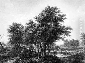 Romantische Waldlandschaft Mit Gehoft Und Wanderer, Rechts Schaf Und Ziege Auf Einer Weide