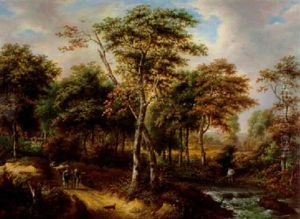 Romantische Waldlandschaft Mit Jaegern Und Angler Romantische Waldlandschaft Mit Jaegern Und Angler