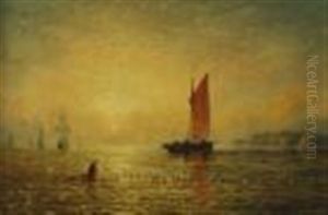 Shipping Along A Shore At Sunset by William Adolphus Knell