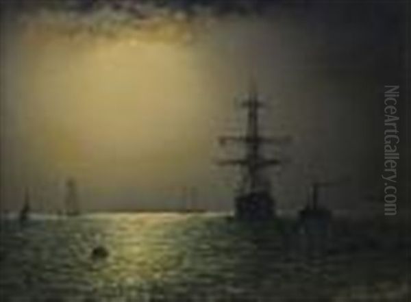 Shipping On Calm Seas By A Buoy Under A Moonlit Sky - view 1
