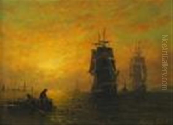 Shipping On Calm Seas With A Fisherman Pulliong In His Nets At Sunset - view 1