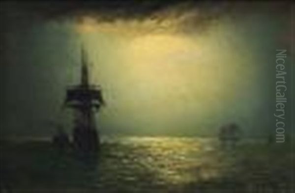 Shipping On Calm Seas By A Buoy Under A Moonlit Sky - view 1