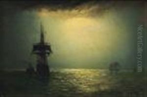 Shipping On Calm Seas By A Buoy Under A Moonlit Sky