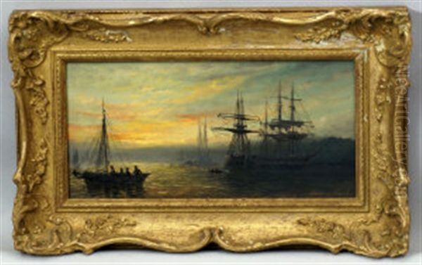Shipping At Dawn Under Red Skies; Fishing Trawlers On The Shores With Figures (2 Works) by William Adolphus Knell