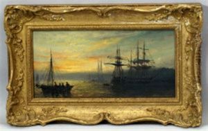 Shipping At Dawn Under Red Skies; Fishing Trawlers On The Shores With Figures (2 Works)