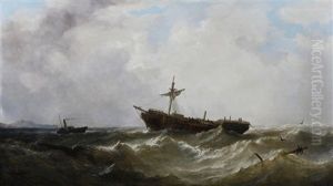 Dismasted Vessel Under Tow From A Paddle Tug