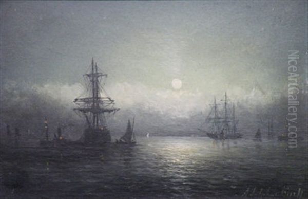 Moored Sailing Ships By Moonlight - view 1