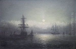 Moored Sailing Ships By Moonlight by William Adolphus Knell