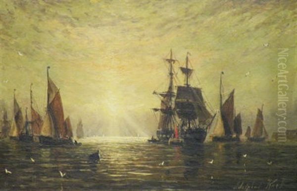 Numerous Sailing Vessels In A Calm At Dawn - view 1