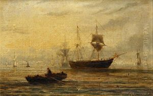 A Rowing Boat In A Busy Harbour by William Adolphus Knell