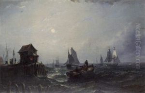 Merchant Sail Running Into Harbour At Dusk by William Adolphus Knell
