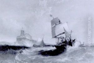 A Brig, A Dutch Fishing Boat And A Steam Ship, Off The Harbour Entrance by William Adolphus Knell