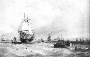 Paddle Steamer Preparing To Enter Harbor And Other Shipping by William Adolphus Knell