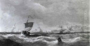 Lug Sail Fishing Boats Off Lowestoft by William Adolphus Knell