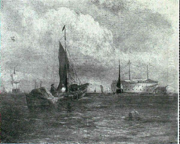 A Sailing Barge Approaching Hulks Moored In The Medway - view 1