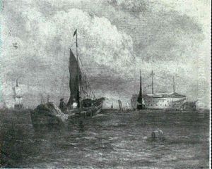 A Sailing Barge Approaching Hulks Moored In The Medway